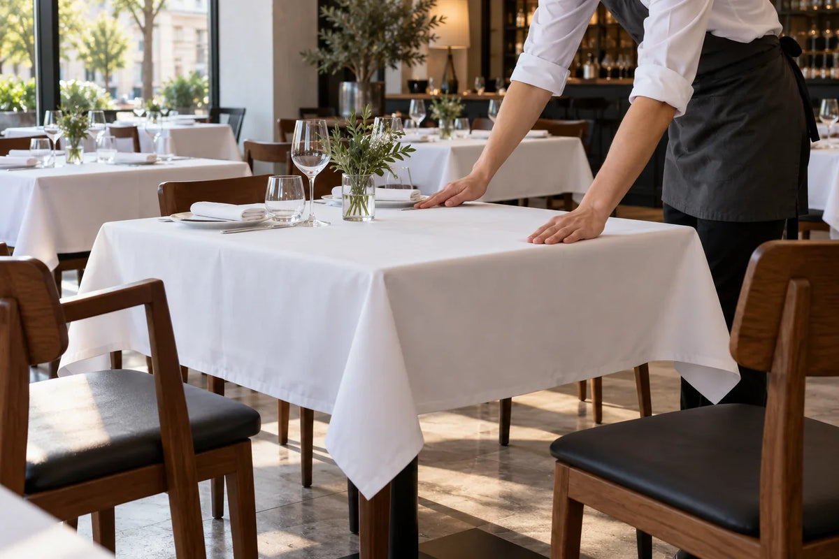 Camarero alisando un mantel blanco con una caída uniforme y práctica en una mesa cuadrada.