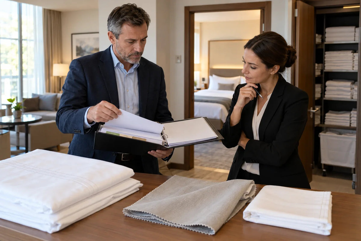 Responsable de hotel e inspector revisando una carpeta de documentos junto a ropa de cama y una muestra de cortina.