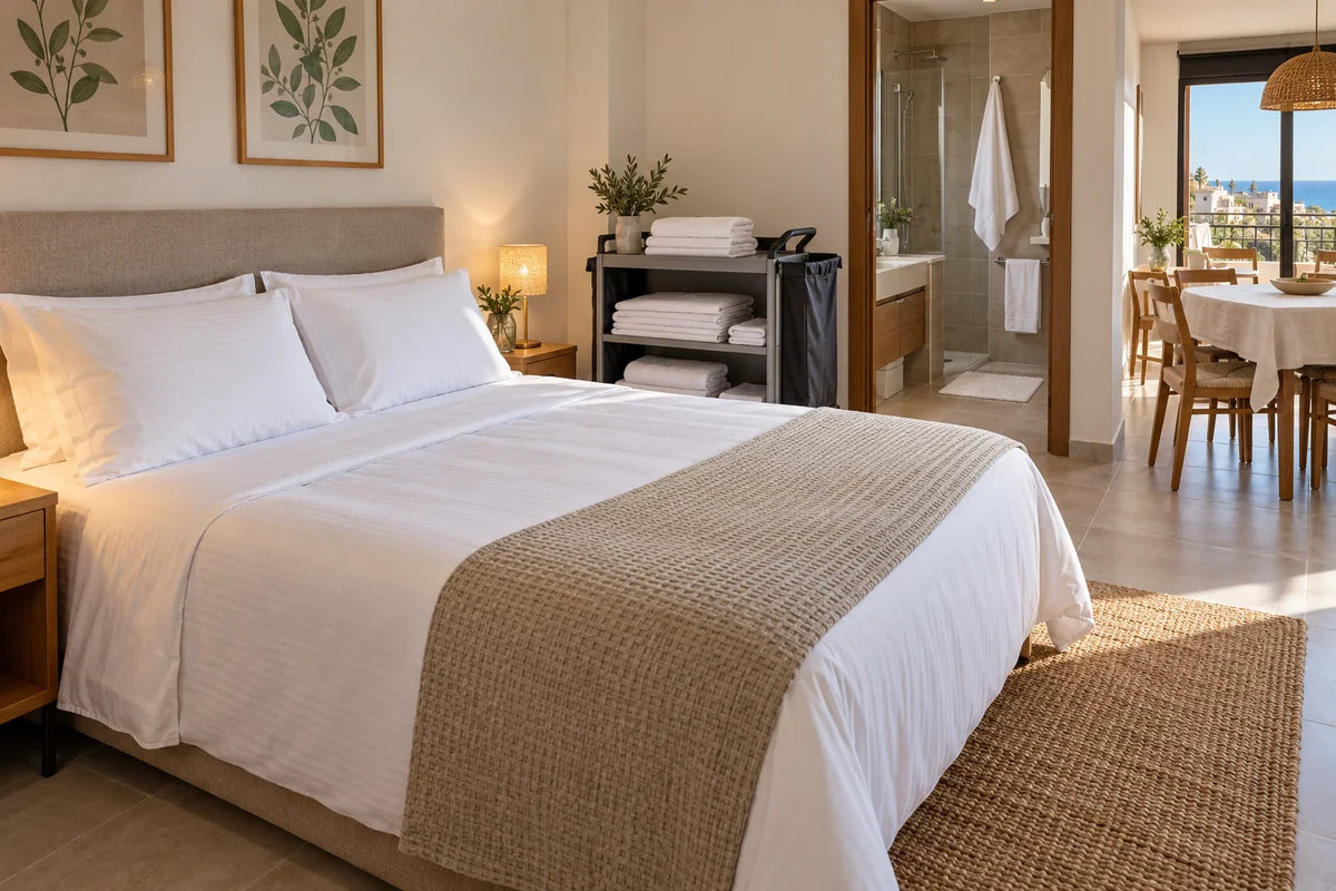 Dormitorio de apartamento turístico preparado con ropa de cama profesional y un cambio organizado en el carro de pisos.