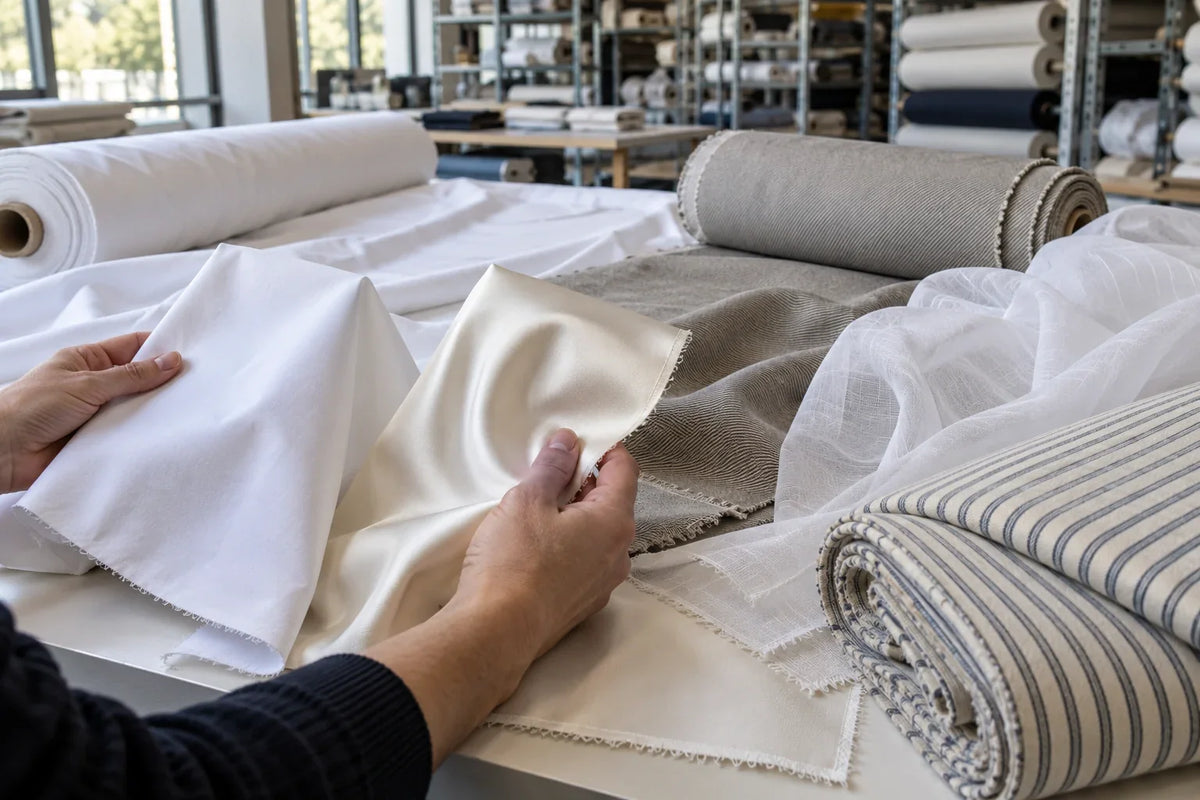 Profesional comparando popelín, satén, sarga, voile y cutí en una mesa de muestras textiles.