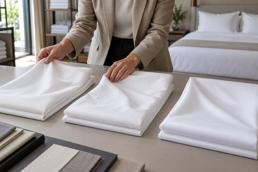 Compradora comparando tres tejidos blancos de sábana con distinta composición, cuerpo y acabado.