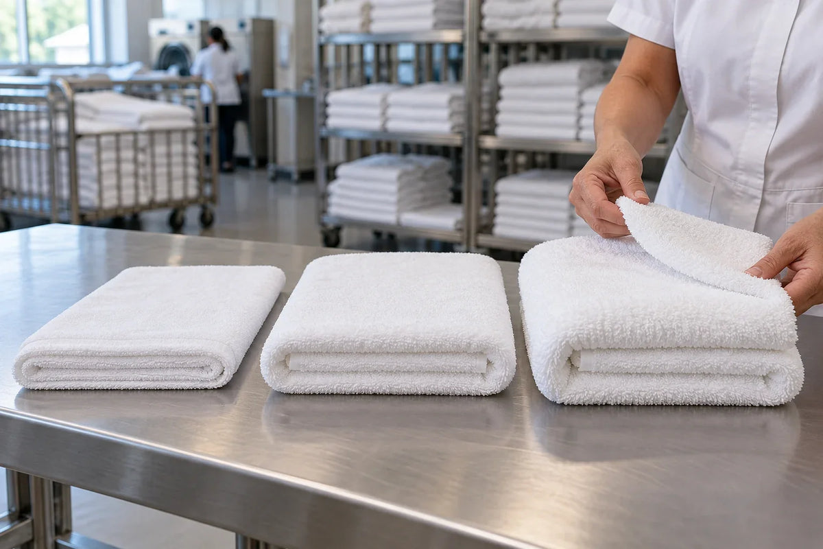 Tres toallas blancas de hostelería de la misma medida y distinto cuerpo comparadas sobre una mesa de lavandería.