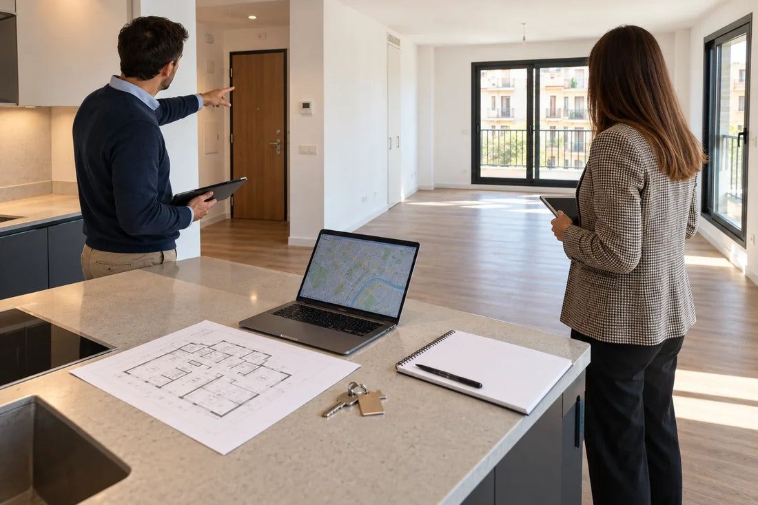 Operadora y técnico revisando un apartamento vacío, su distribución y la ubicación antes de invertir en equipamiento.