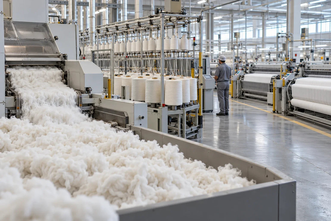 Fibra de algodón, conos de hilo y telares en una fábrica textil durante las primeras fases de producción.