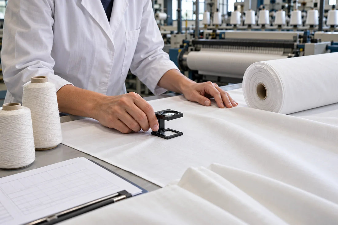 Técnico textil examinando con un cuentahilos un tejido blanco destinado a sábanas de hostelería.