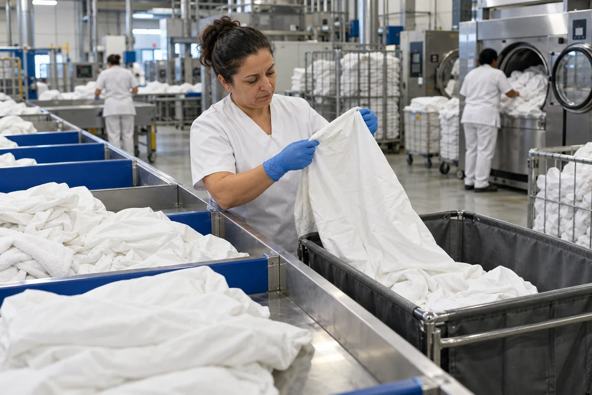 Supervisora de lavandería revisando una sábana dañada y separándola del textil aceptado para el proceso.