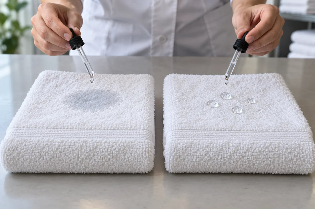 Comparación entre una toalla que absorbe el agua de inmediato y otra sobre la que las gotas permanecen en la superficie.