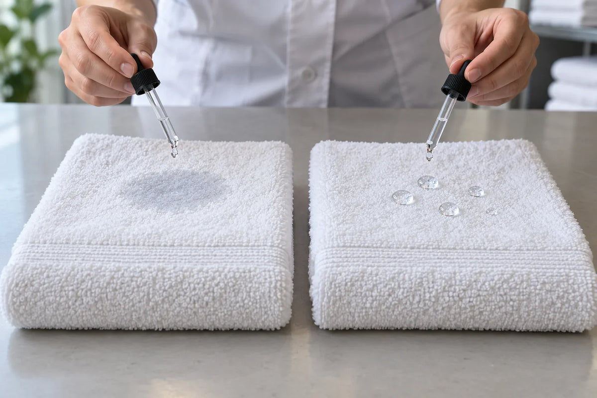 Comparación entre una toalla que absorbe el agua de inmediato y otra sobre la que las gotas permanecen en la superficie.