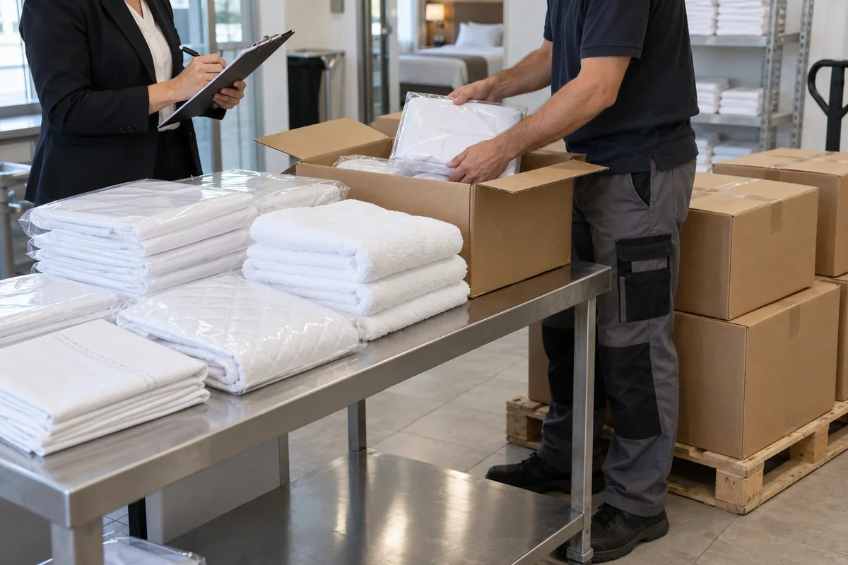 Responsable de alojamiento revisando un pedido profesional de sábanas, toallas, protectores y mantelería.