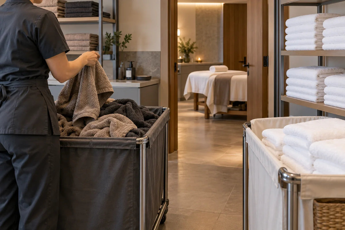 Trabajadora de spa separando toallas de color usadas en tratamientos y toallas blancas reservadas para clientes.
