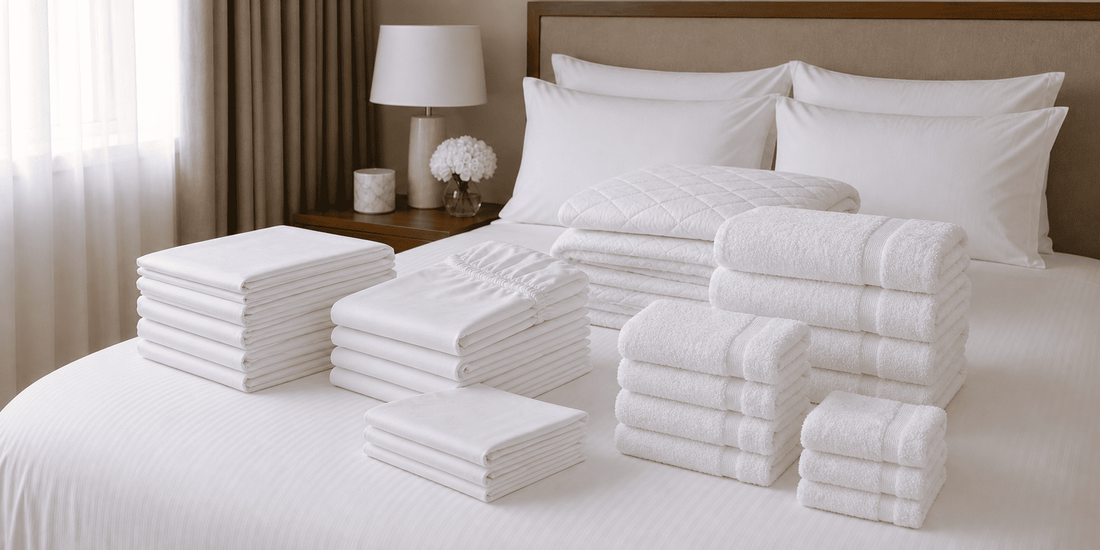 Textil de hostelería al por mayor: sábanas y toallas blancas apiladas