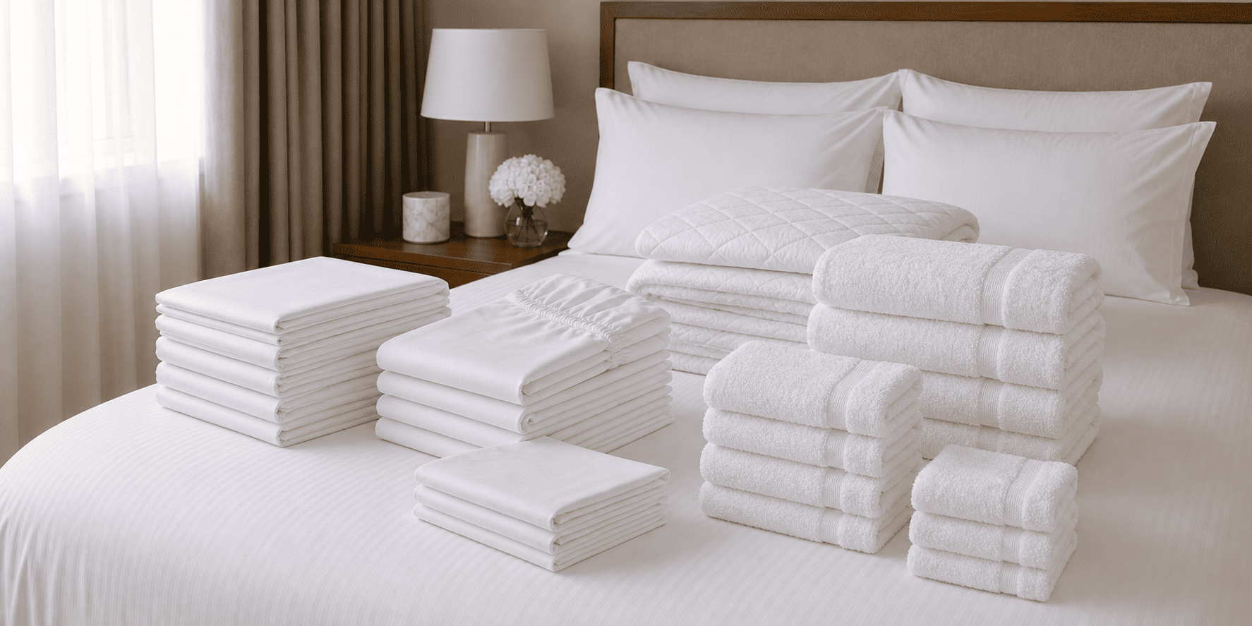 Textil de hostelería al por mayor: sábanas y toallas blancas apiladas