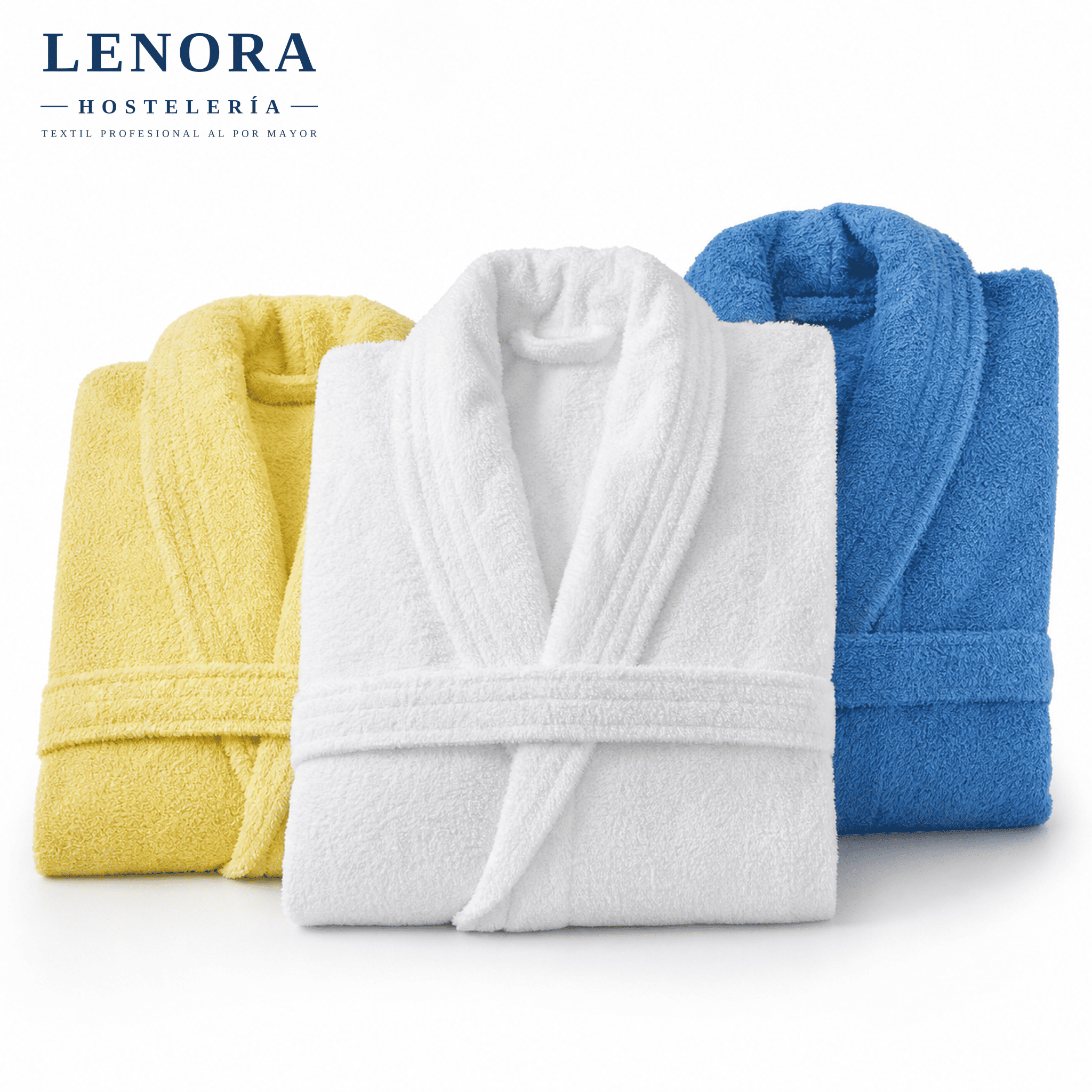 Albornoces de rizo en amarillo, blanco y azul para hotel y spa