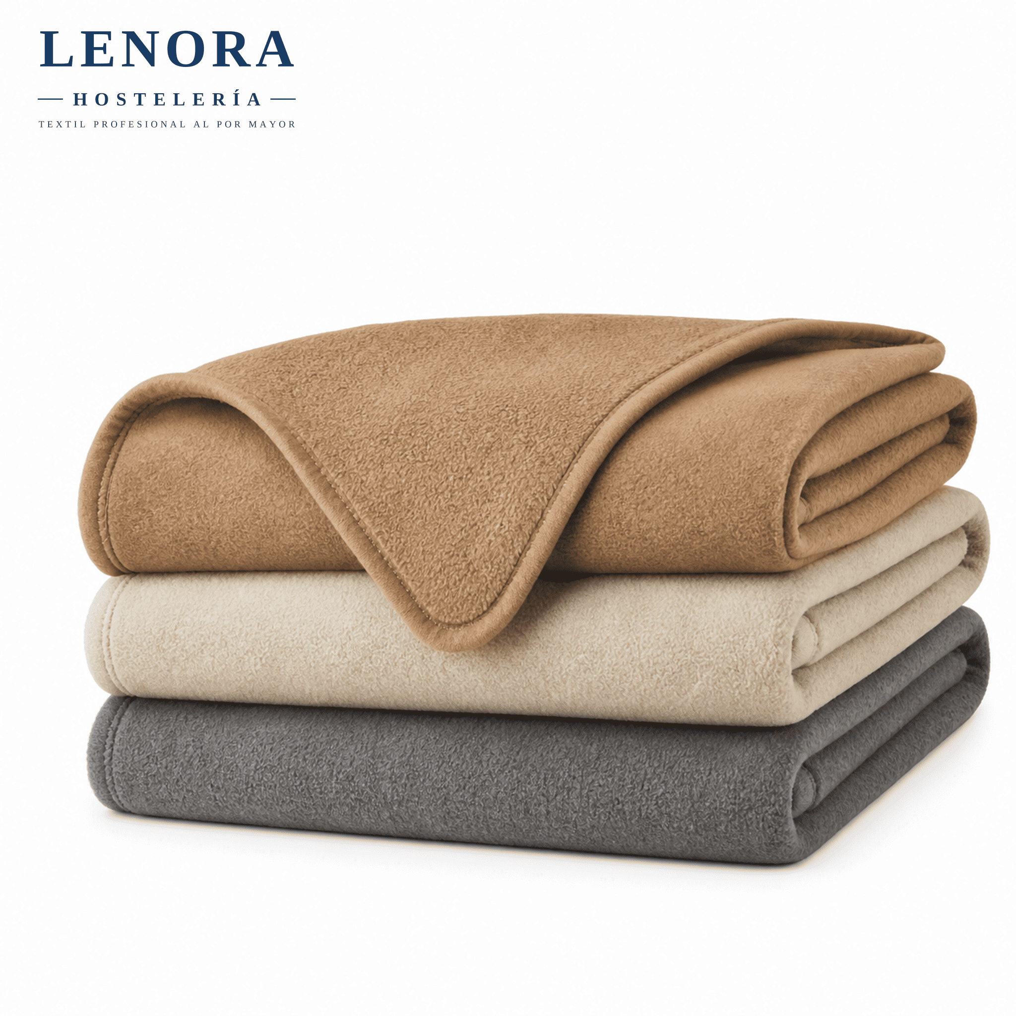 Mantas de hostelería dobladas en camel, arena y gris