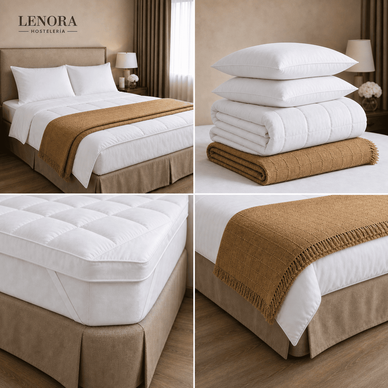 Ropa de cama de hotel: cama vestida, sábanas apiladas, cubre colchón y manta