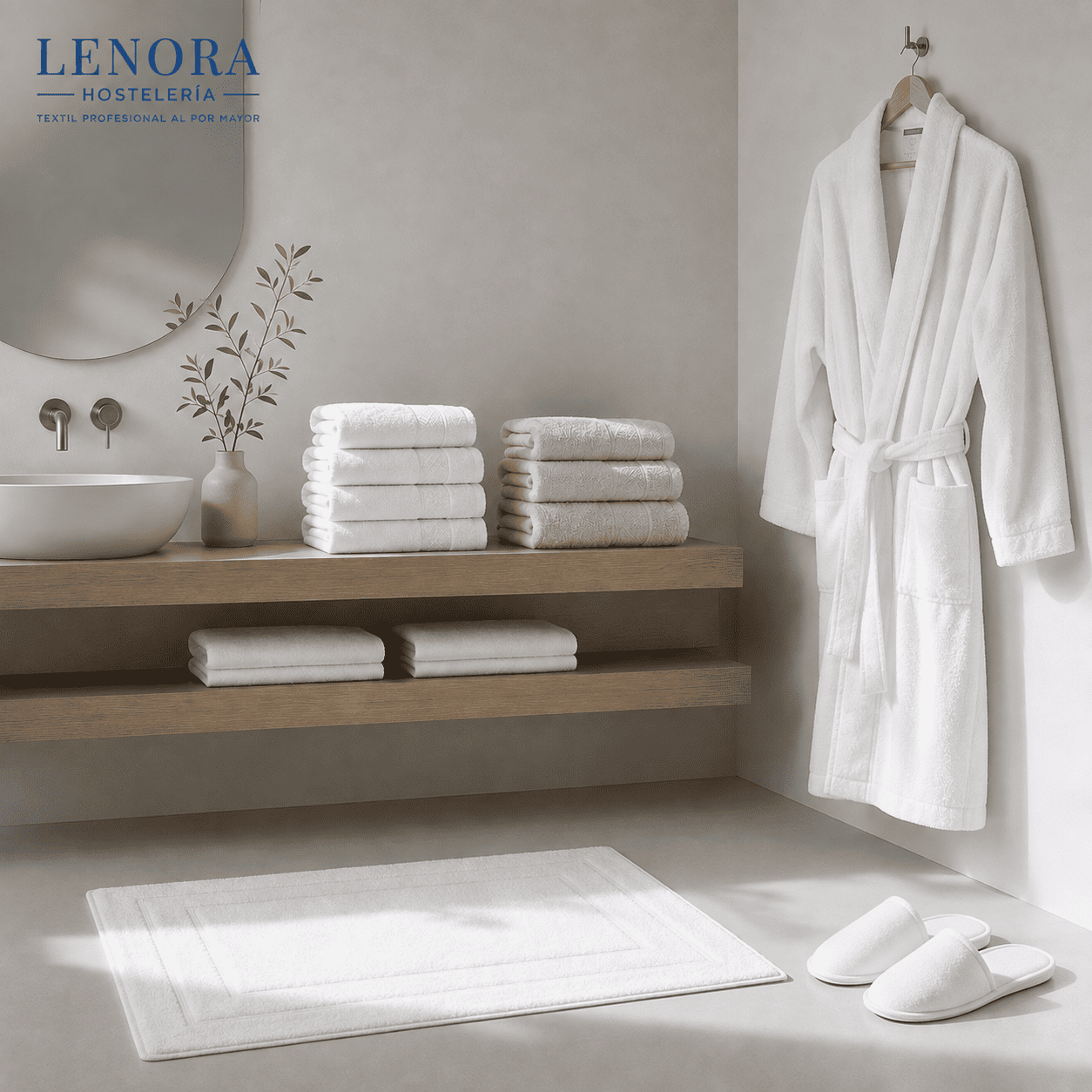 Baño de hotel con albornoz blanco colgado, toallas apiladas, alfombrín y zapatillas