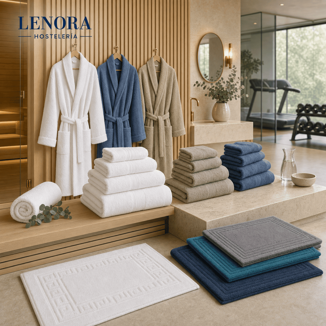 Zona de spa con albornoces blancos y azules, toallas apiladas y alfombrines de baño
