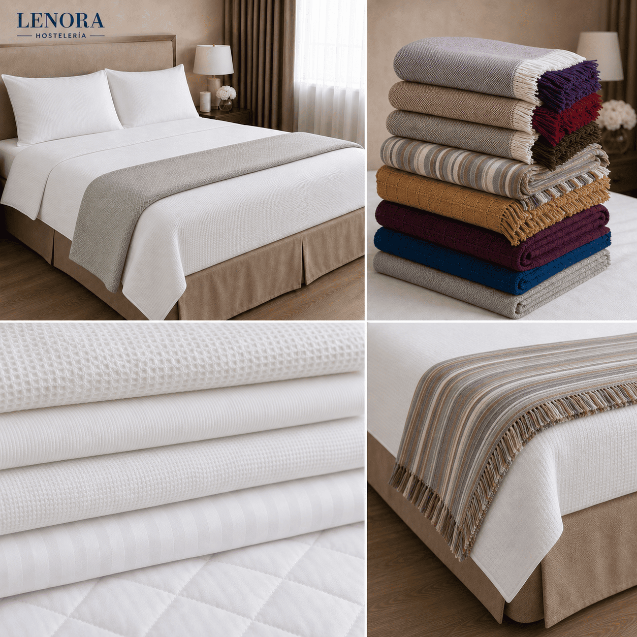 Textil para apartamentos turísticos: cama vestida, colchas de colores y ropa de cama apilada