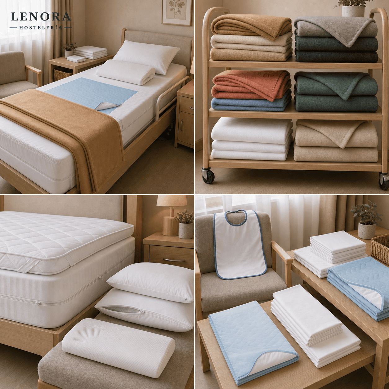 Textil para residencias: cama articulada vestida, protectores de colchón, almohadas y empapadores