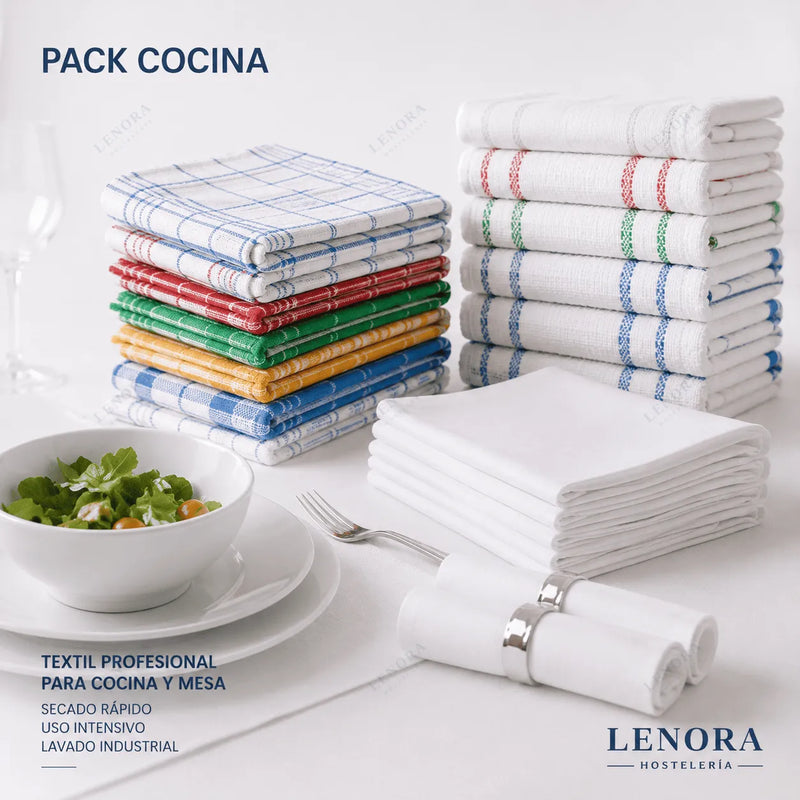 Pack Cocina con paños profesionales de colores apilados