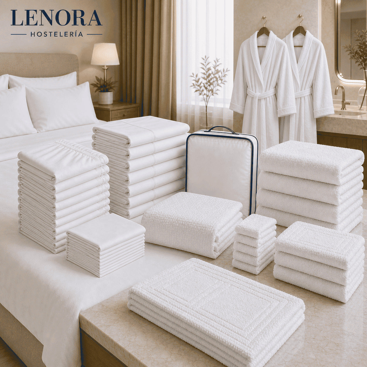 Pack completo de textil para habitación de hotel: sábanas, toallas y albornoces