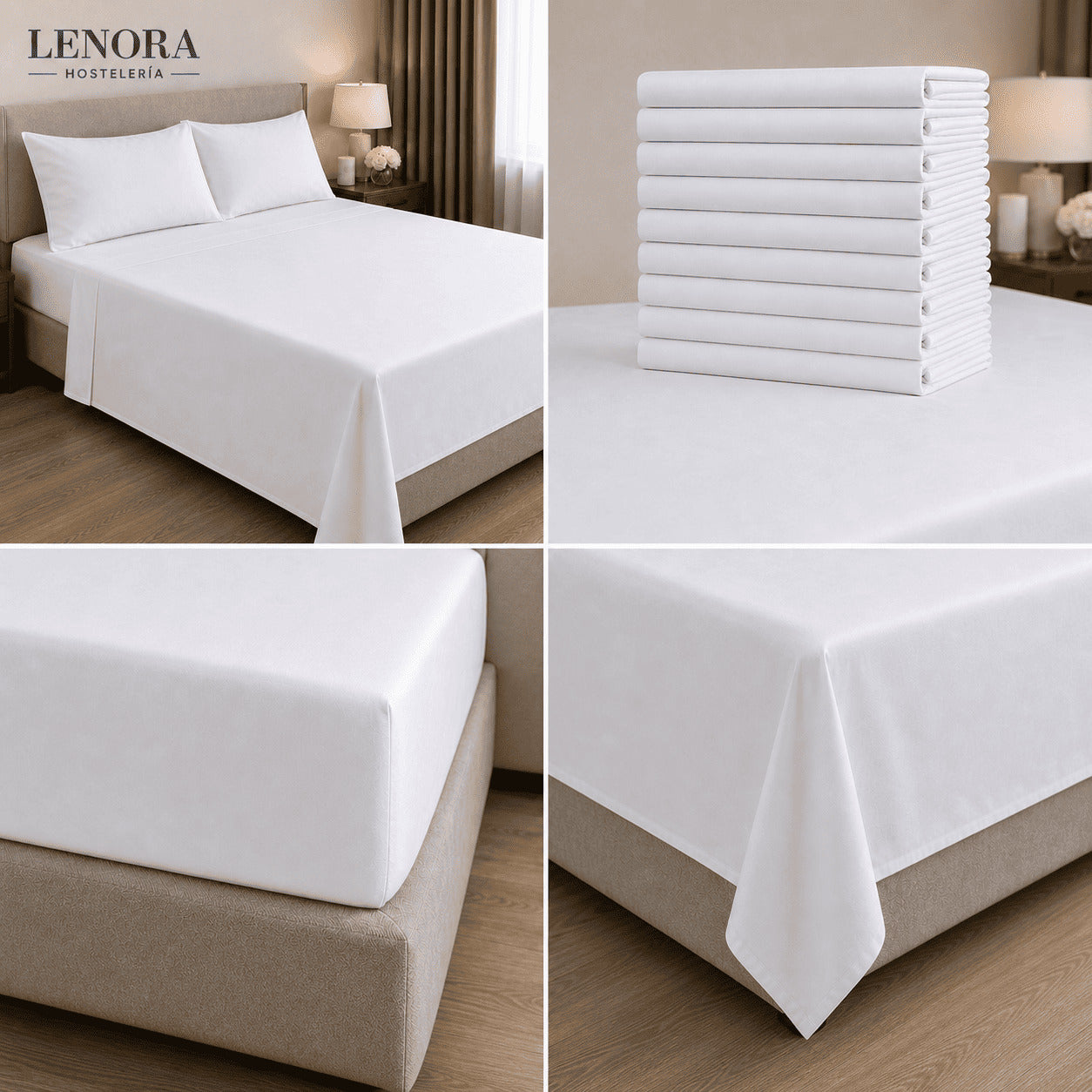 Sábanas blancas de hotel: cama vestida, sábanas apiladas y bajera ajustable sobre colchón