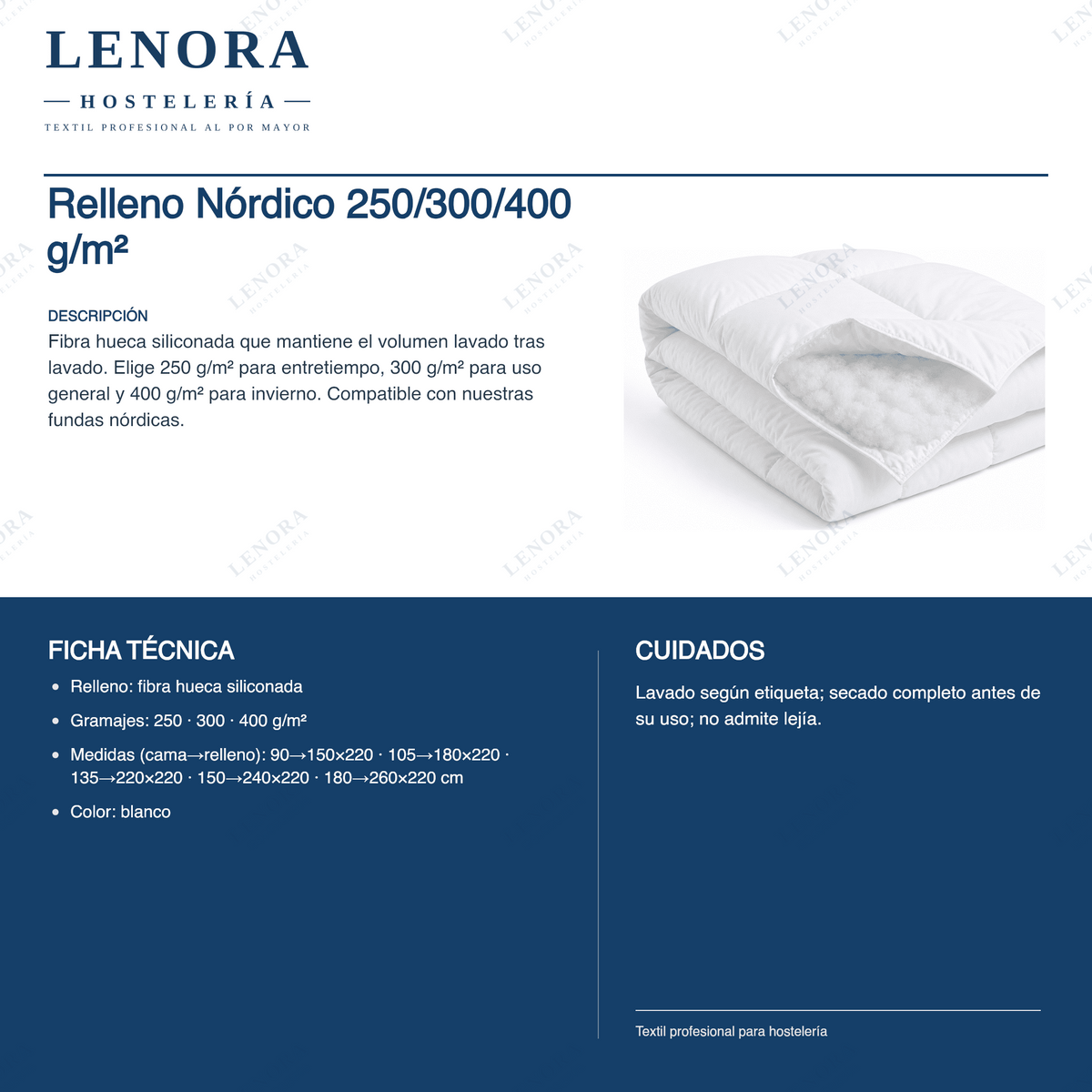 Ficha técnica del relleno nórdico 250/300/400 g/m²: gramajes y medidas