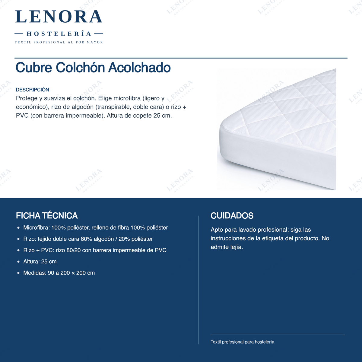 Ficha técnica del cubre colchón acolchado: composición, base impermeable y medidas