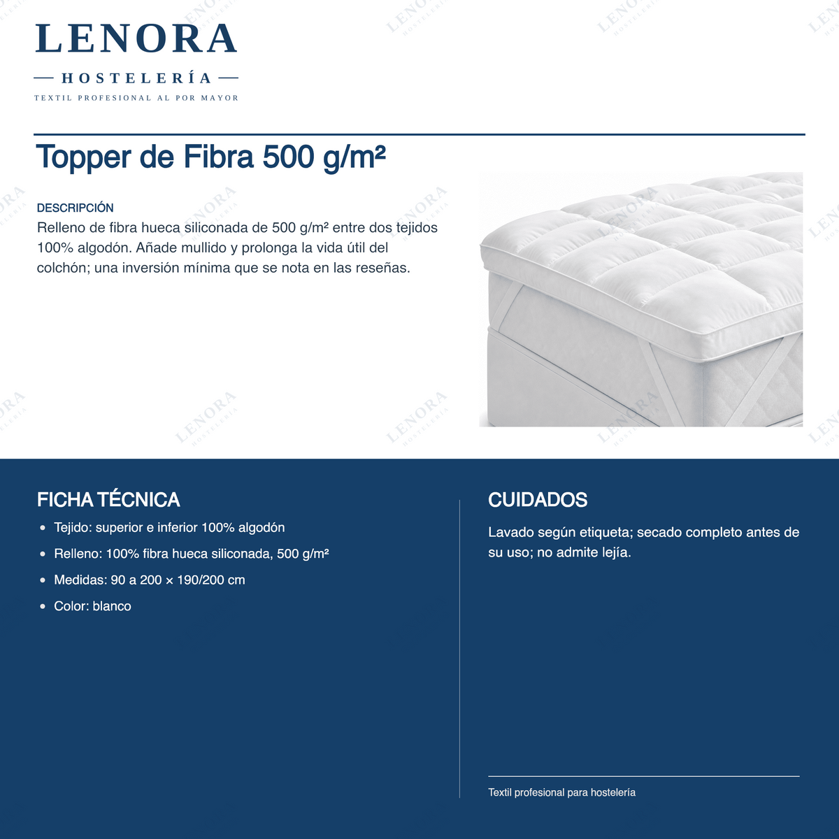 Ficha técnica del topper de fibra 500 g/m²: composición, medidas y cuidados