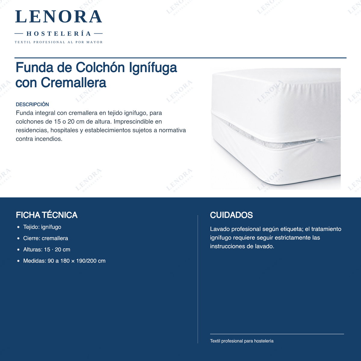 Ficha técnica de la funda de colchón ignífuga: tejido, alturas y normativa