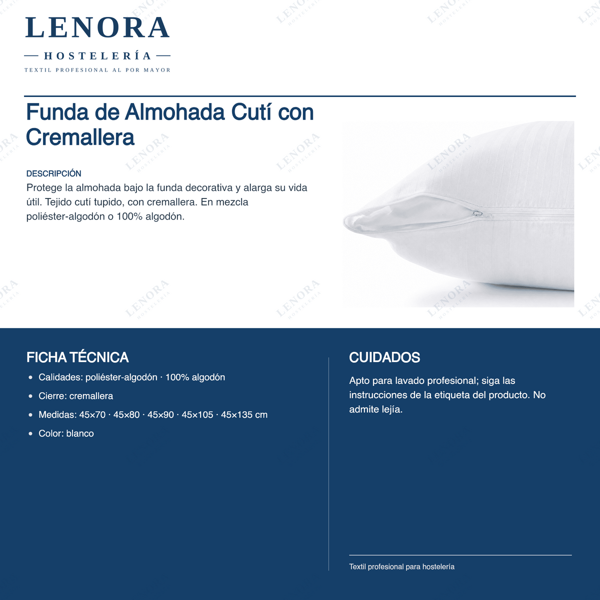 Ficha técnica de la funda de almohada de cutí con cremallera: composición y medidas