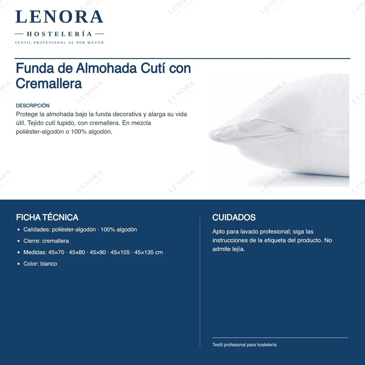 Ficha técnica de la funda de almohada de cutí con cremallera: composición y medidas