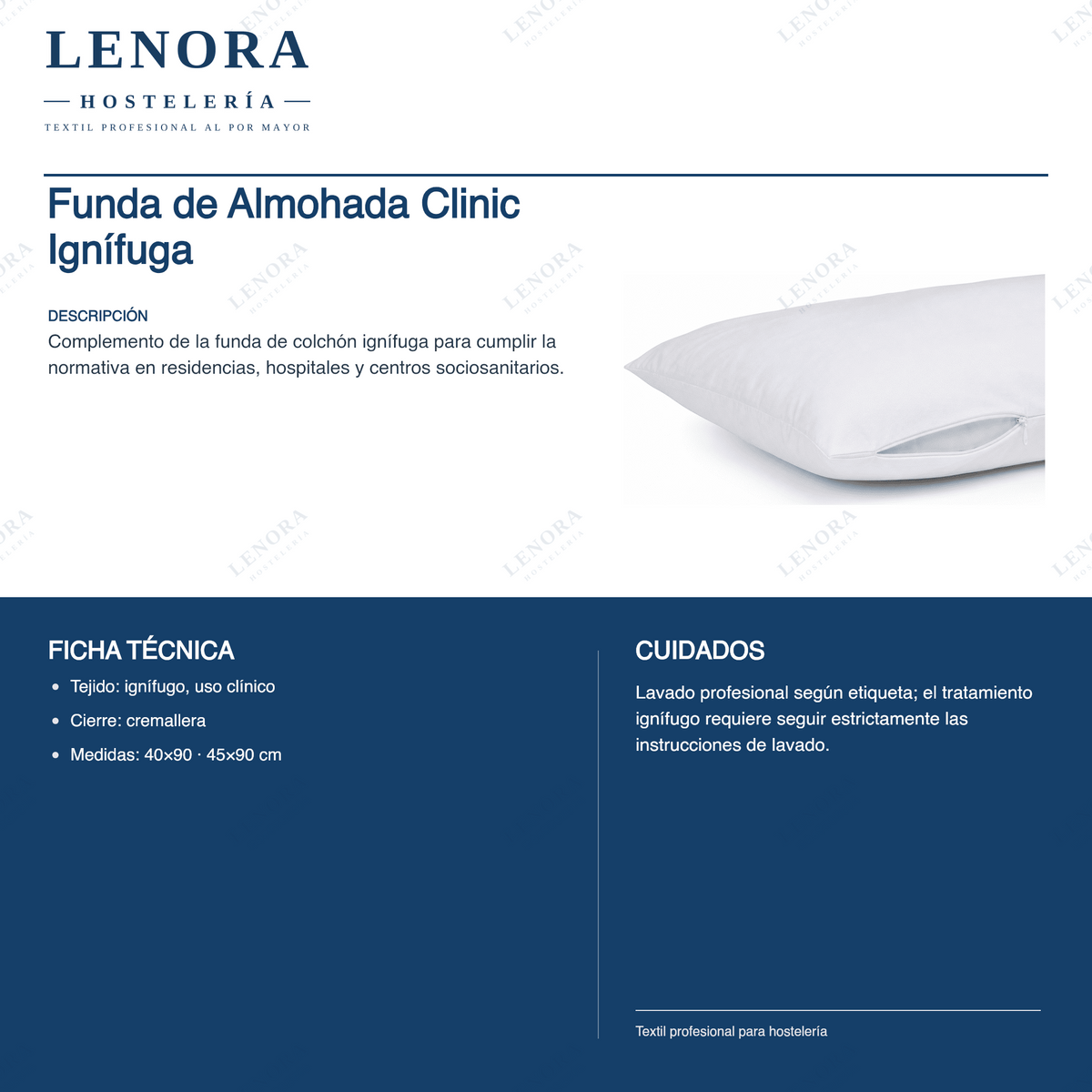 Ficha técnica de la funda de almohada Clinic ignífuga: tejido, cierre y medidas