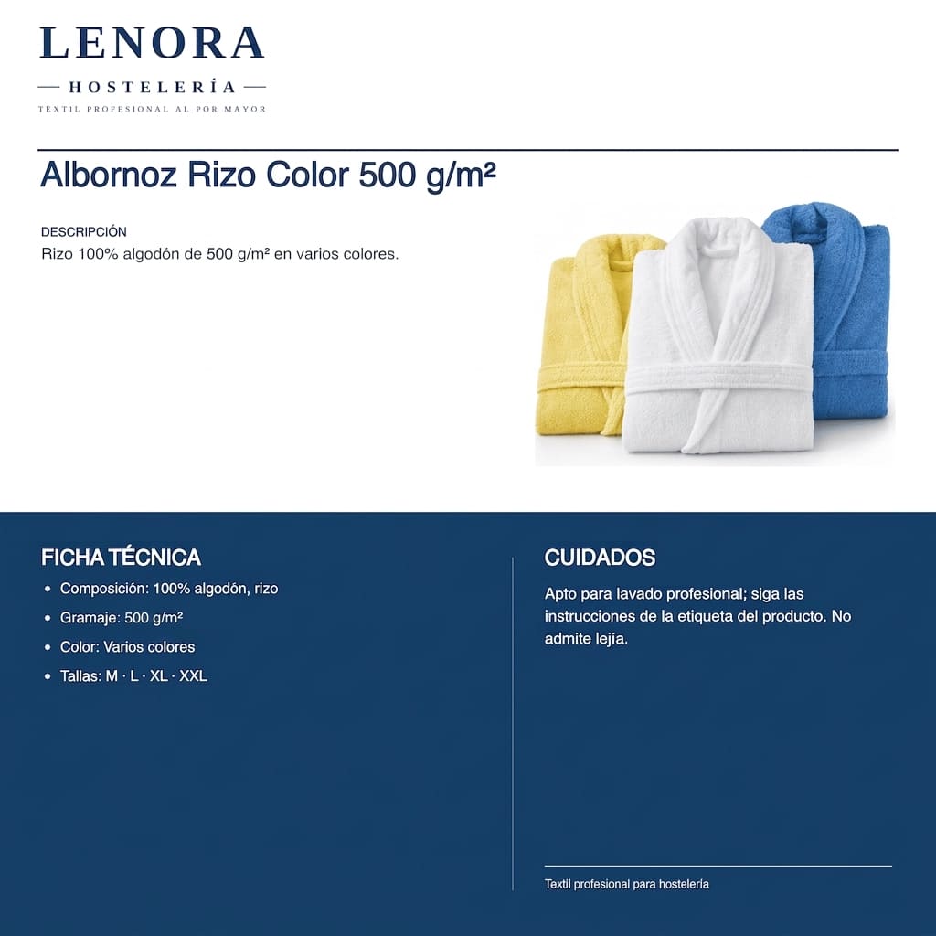 Ficha técnica del albornoz de rizo de color 500 g/m²: composición, gramaje y tallas