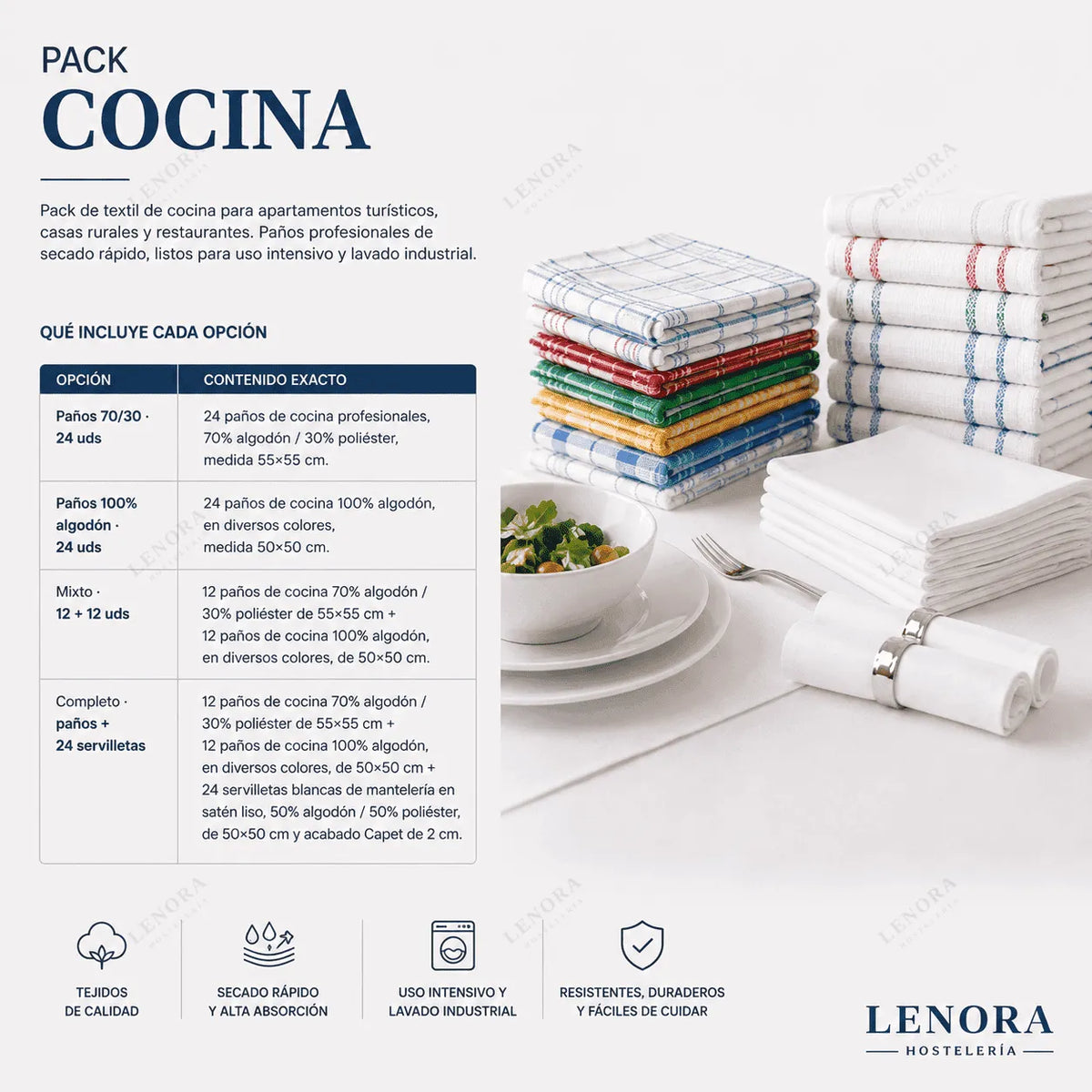 Contenido del Pack Cocina: paños de algodón y mezcla en varias opciones