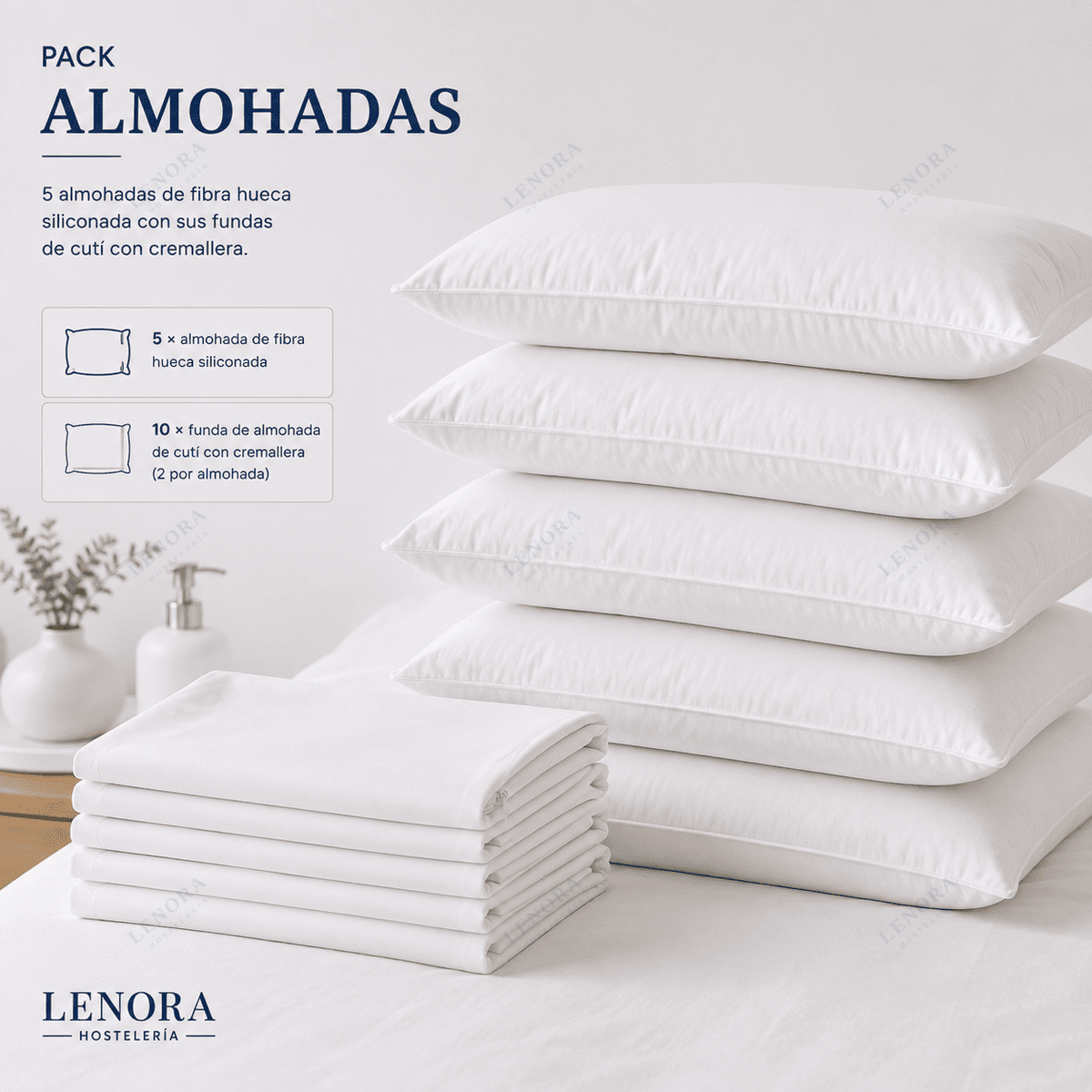 Pack de almohadas de hotel con fundas apiladas y el detalle de lo que incluye