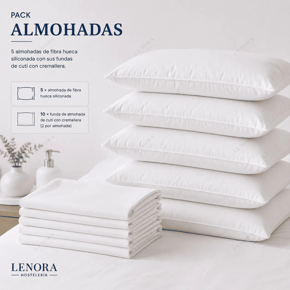 Pack de almohadas de hotel con fundas apiladas y el detalle de lo que incluye