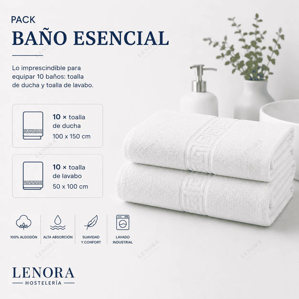 Pack Baño Esencial con toalla de ducha y de lavabo, 10 unidades de cada