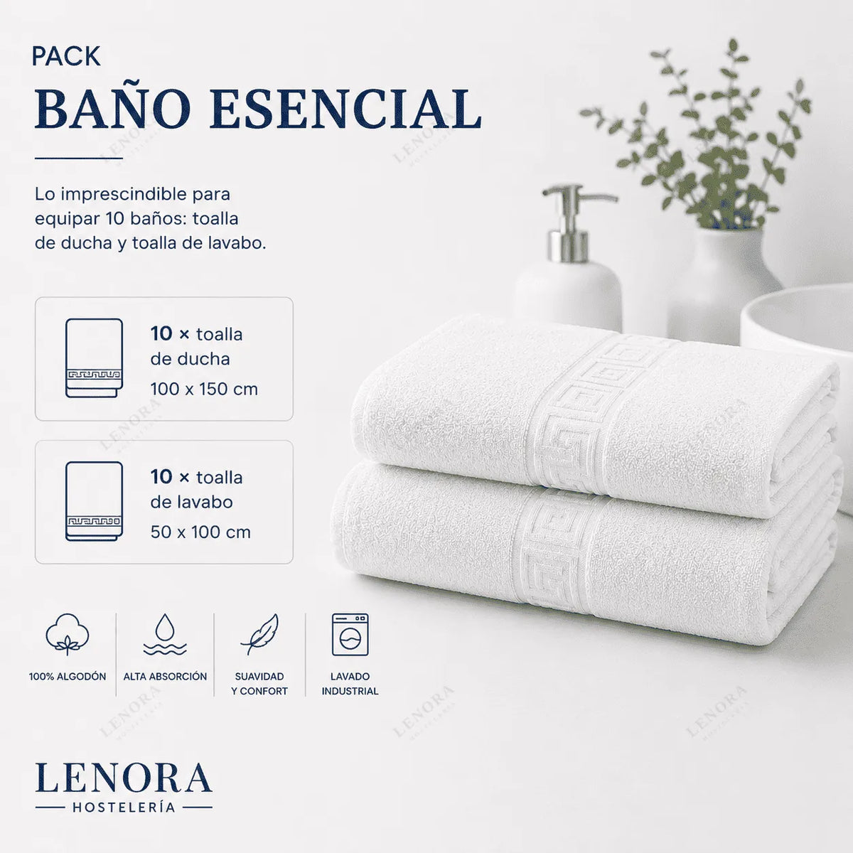 Pack Baño Esencial con toalla de ducha y de lavabo, 10 unidades de cada