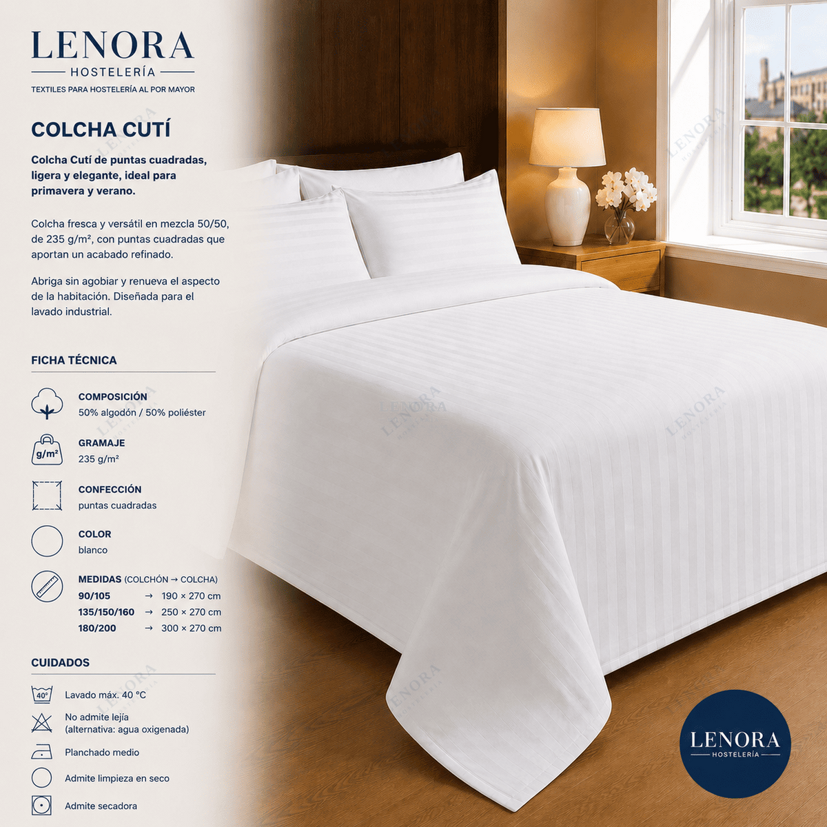 Ficha técnica de la colcha de cutí 235 g/m² sobre cama de hotel