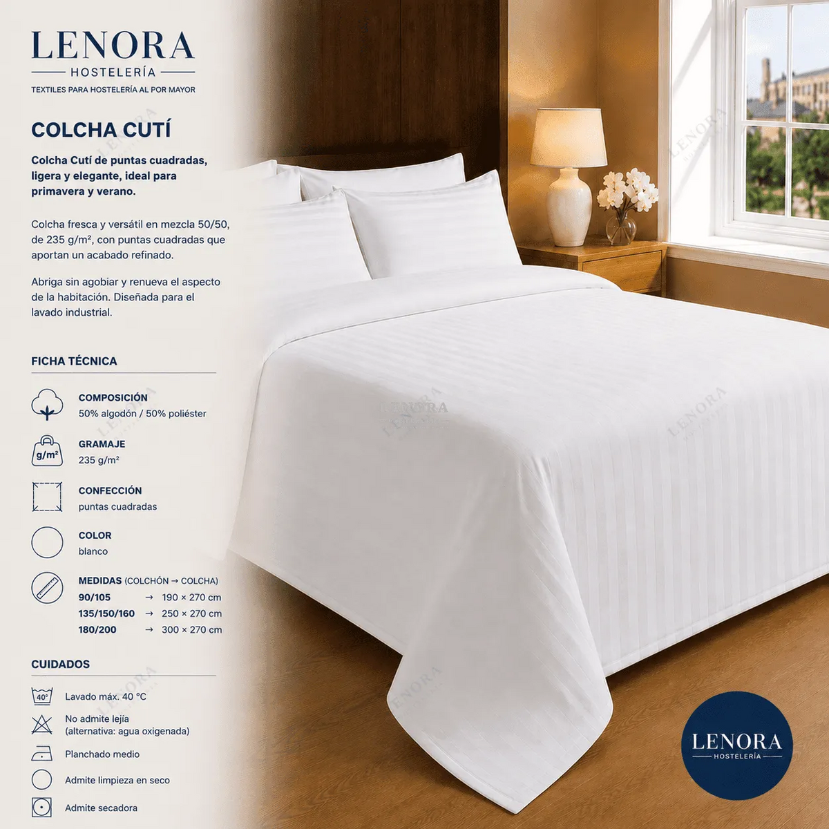 Ficha técnica de la colcha de cutí 235 g/m² sobre cama de hotel