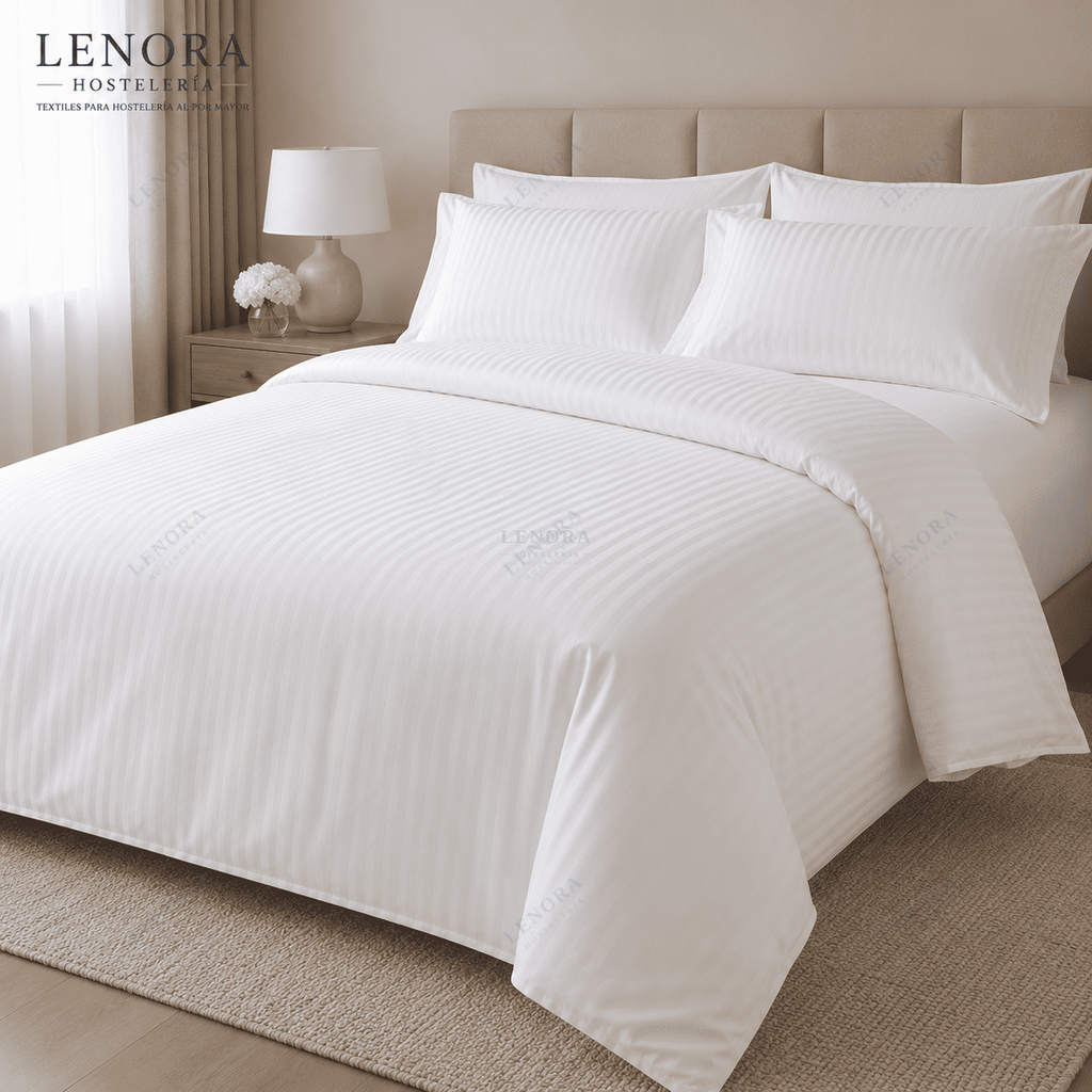 Habitación de hotel con cama vestida con colcha de cutí blanca