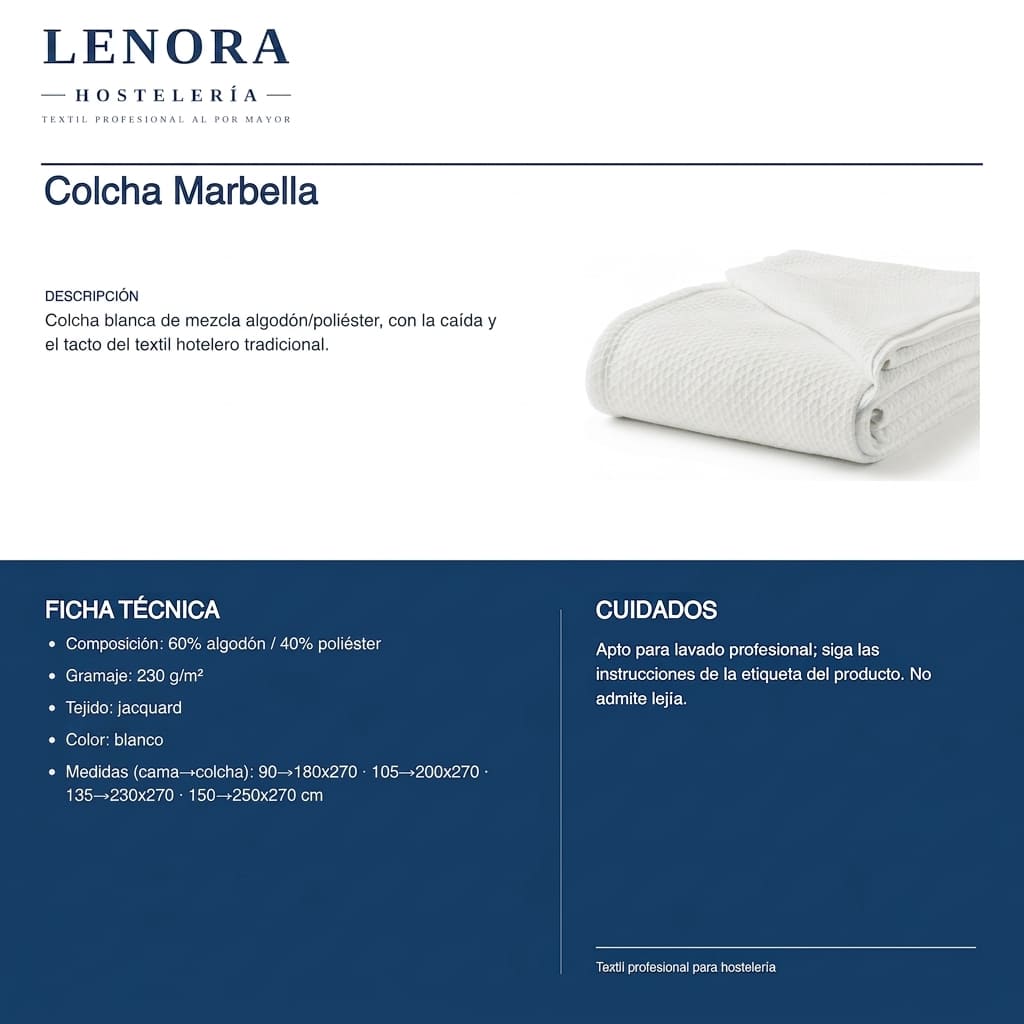 Ficha técnica de la colcha Marbella 60/40 algodón/poliéster: medidas y cuidados