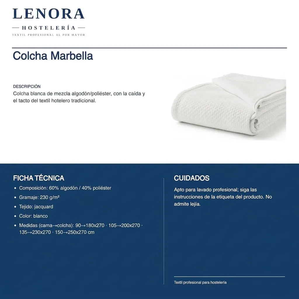 Ficha técnica de la colcha Marbella 60/40 algodón/poliéster: medidas y cuidados