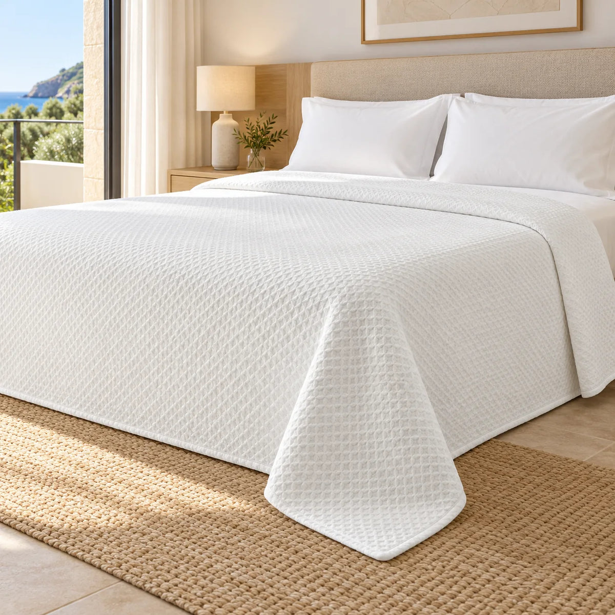 Colcha Marbella blanca vestida sobre cama de hotel