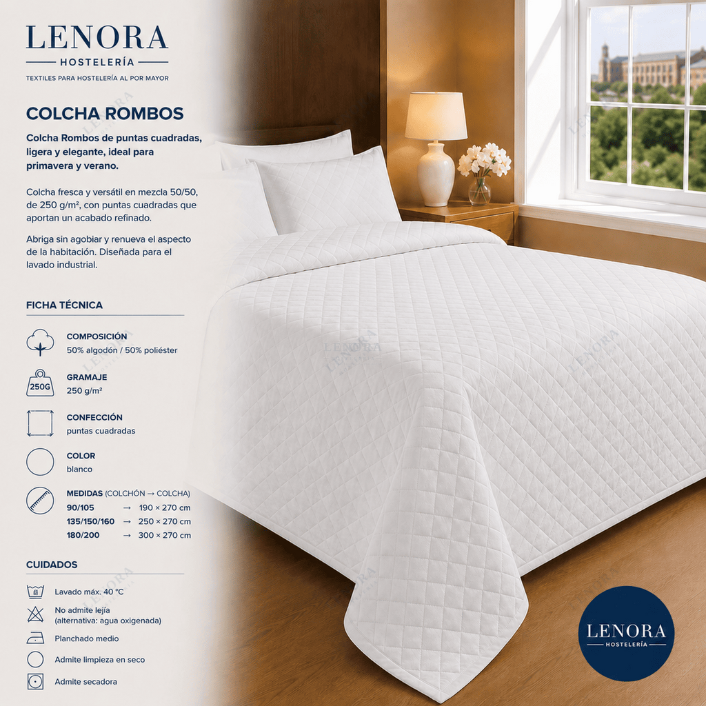 Ficha técnica de la colcha de rombos 250 g/m² sobre cama de hotel