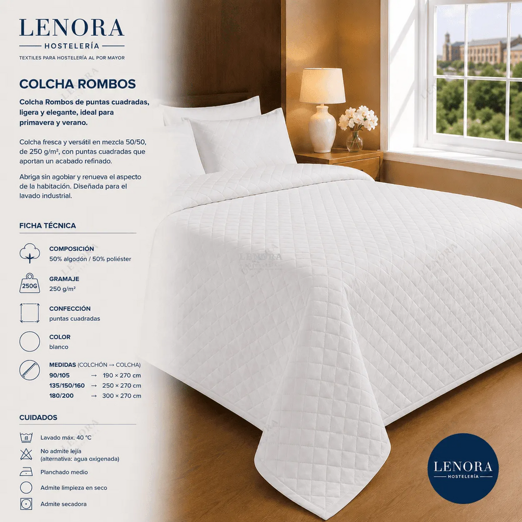 Ficha técnica de la colcha de rombos 250 g/m² sobre cama de hotel
