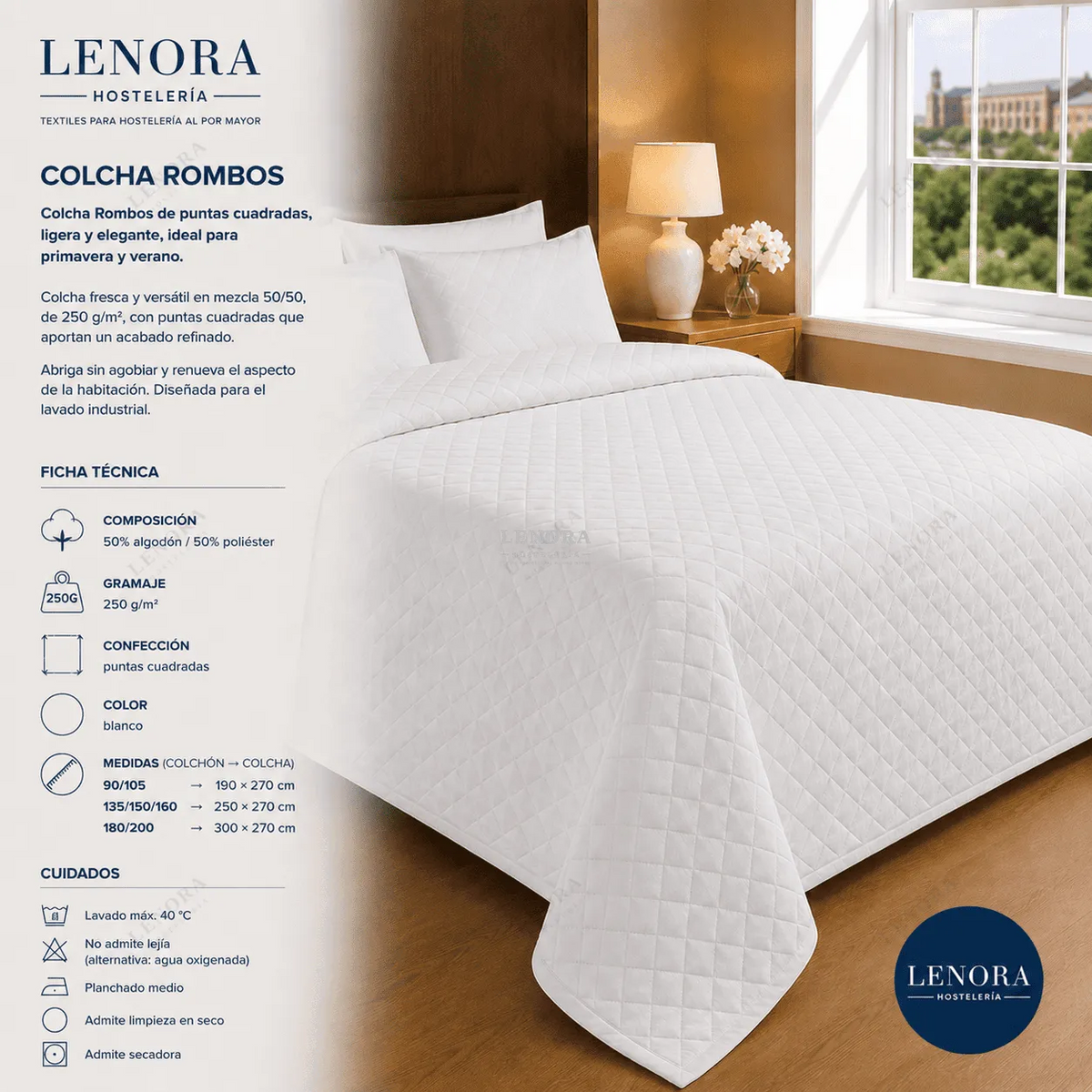 Ficha técnica de la colcha de rombos 250 g/m² sobre cama de hotel