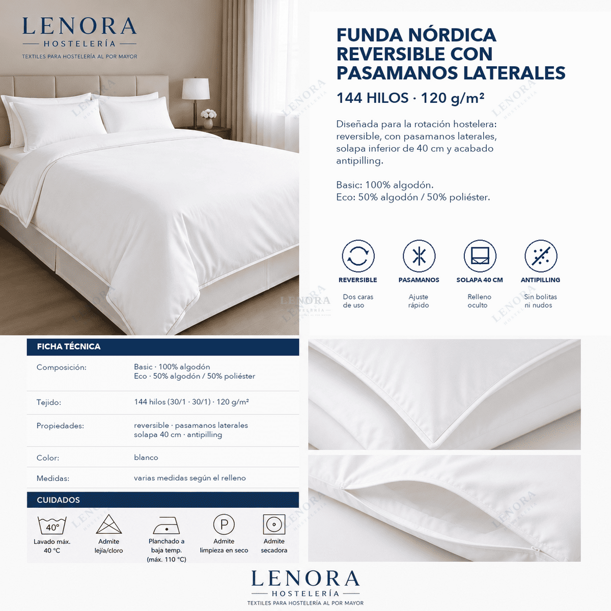 Ficha técnica de la funda nórdica reversible de 144 hilos con pasamanos laterales