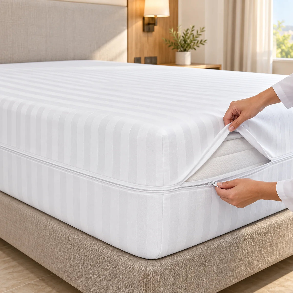 Funda de colchón de cutí blanca con cremallera envolviendo el colchón